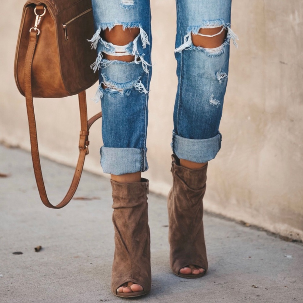 Scrunch peep toe booties in taupe